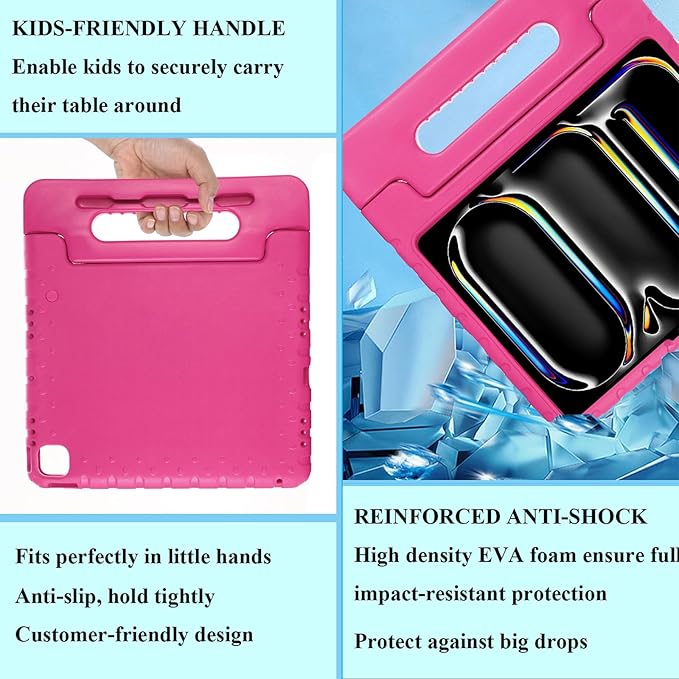 for iPad Air 13-inch Case M3/M2 (2025/2024) for Kids with Pencil Holder/Kickstand, Anti-Slip Handle Stand Lightweight Soft EVA Foam Shockproof Rugged Bumper Tablet Protective Cover, Rose