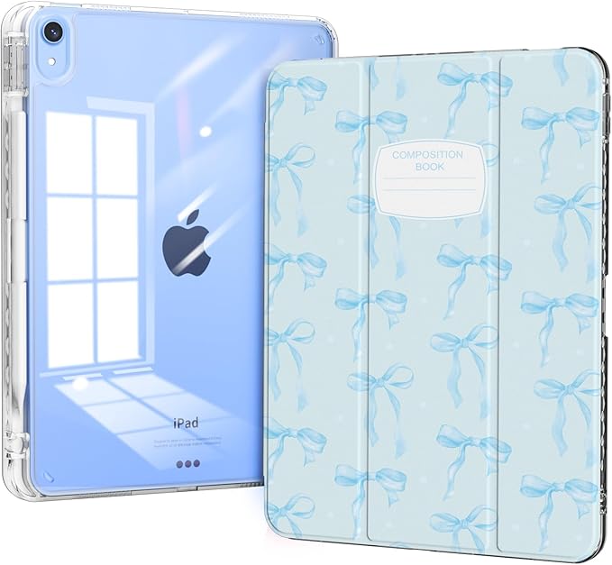 Case for iPad 11th Generation A16 Chip (2025), iPad 10th Generation (2022) Case Blue Bow, Protective Slim Clear Back Cover with Pencil Holder, Trifold Sturdy Stand, Composition Book