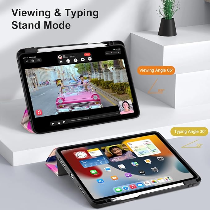 DONGKE Case for 2022/2021/2020/2018 iPad Pro 11 inch Gen 4/3/2/1 - Slim Protective Case - Built in Pencil Holder Support Charging - Trifold Stand & Sleep/Wake Cover - Floral Artistic