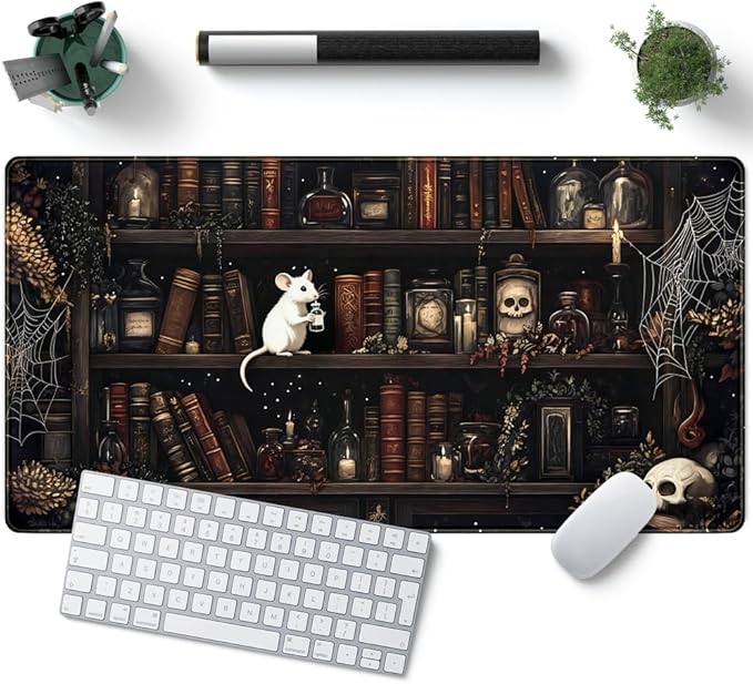 Dark Witchy Desk Mat Gaming Desk Pad Large Mouse Pad, Magician'S Fantasy Bookcase Gothic Mouse Mat XXL Laptop Keyboard Pad, Laptop Keyboard and Mouse Mat Desktop Protector Mat 31.5 X 15.7 in