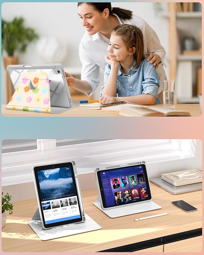 Uppuppy for iPad A16 Case for iPad 10th Generation Case 10.9 inch - 360 Degree Rotating Stand Folio Smart Cover with Pencil Holder for Women Girls, Colorful Flowers for Apple 10th 2022/11th 2025