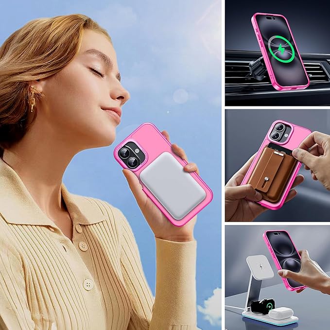 for iPhone 16 Case with 2X Screen Protectors [Compatible with MagSafe] Military Grade Drop Protection Skin Feeling Back Cover Shockproof Slim Fit iPhone 16 Phone Case 6.1 inch,Pink