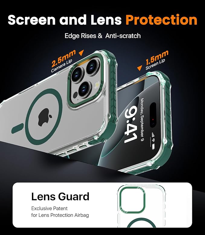 DEERLAMN Strong Magnetic Case for iPhone 16 Pro Max 6.9-Inch,[Compatible with Magsafe][Military Grade Drop Protection] Clear Slim Shockproof Protective Phone Cover-Transparent+Green