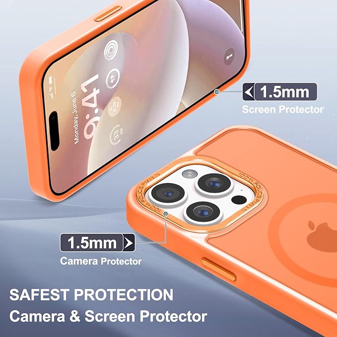 Newfuture Magnetic for iPhone 15 Pro Case [Compatible with Magsafe] [Military Grade Drop Protection] Translucent Matte Anti-Fingerprint Shockproof Phone Case for iPhone 15 Pro 6.1 inch, Orange