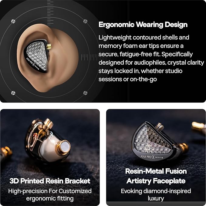 KZ AS16 PRO X in Ear Monitor, 16BA HiFi Wired Earbuds, Professional IEM Earphones with Precision Electronic Crossover, Sparkling Diamond-Like Design for Musician Audiophiles (No Mic)