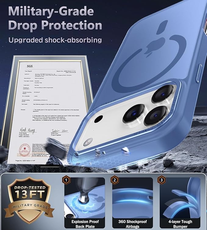 Newfuture Magnetic for iPhone 17 Pro Case [Compatible with Magsafe] [Military Grade Drop Protection] Translucent Matte Anti-Scratch Shockproof Protective Phone Cover 6.3 Inch, Light Blue