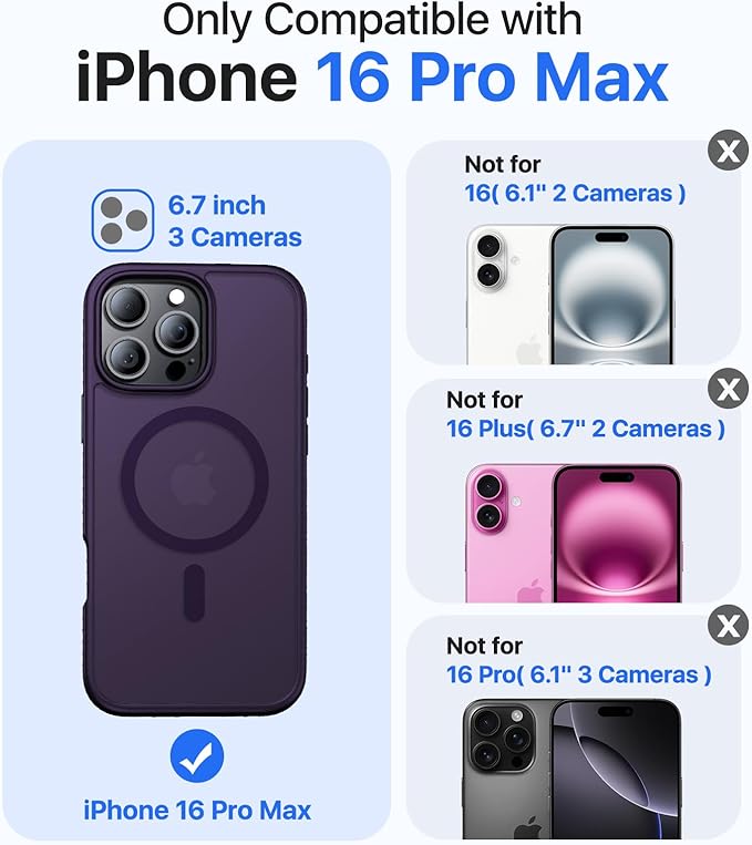 Magnetic for iPhone 16 Pro Max Case[Compatible with MagSafe][Military-Grade Drop Protection][Anti-Yellowing] Shockproof Translucent Matte Cover for iPhone 16 Pro Max Phone Case,Deep Purple