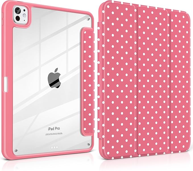 Case for iPad Pro 11 Inch (M5 2025 M4 2024) – [Built-in Pencil Holder], Shockproof & Stylish, Clear Hard Back + Soft TPU Edge, Magnetic Trifold Stand, Auto Wake/Sleep, Rose red White dot