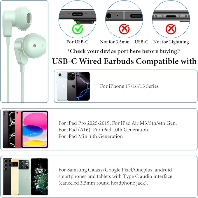 APETOO USB C Headphones for iPhone 17 Pro Max 16 15 Plus iPad USB-C Wired Earbuds with Mic Volume Control HiFi Stereo Type C Earphones for Galaxy S26/S25/S24/S23/S22 Ultra, Pixel 10 9 8 7, Mint Green