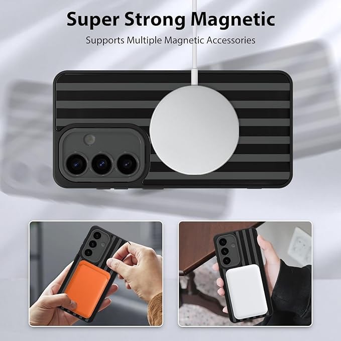 KANGHAR Compatible with Samsung Galaxy S26 Case, Support for MagSafe, Silicone Stripes Cute Pattern, Wristband Kickstand Camera Protection Soft Slim Cover for Girls Women -Black