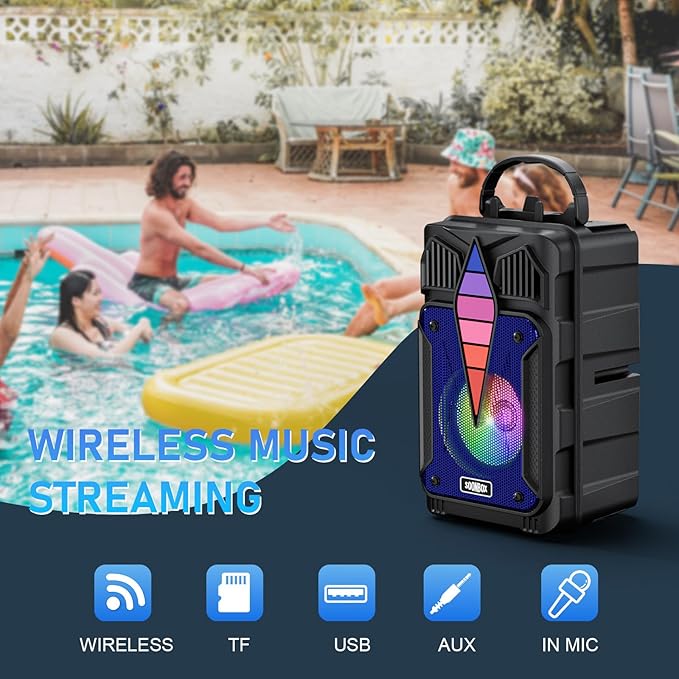 Dnil Portable Speaker with Voice Control, RGB Multi-Color Rhythm Light, Support TWS Pairing, Support USB/TF/FM/AUX Connection, Suitable for Home Party or Outdoor Use (Blue)
