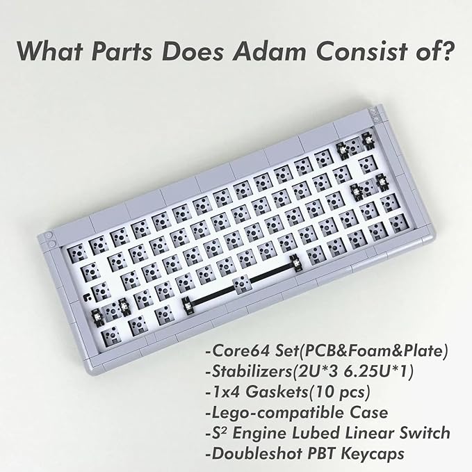 KBDcraft 01Adam 60% Mechanical Keyboard, 64-Key ANSI, Lego-Compatible Case, Gasket Mount, Hot-swappable, Wired, Linear Switch, RGB, QMK, Vial for Win/Mac, Full Kit (Grey)