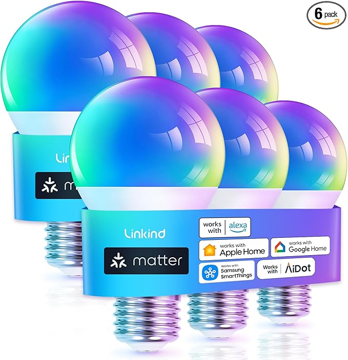 Linkind Matter Smart Light Bulb, WiFi Smart Bulbs, Work with Apple Home, Siri, Alexa, Google, SmartThings, RGBTW Color Changing Bulbs Mood Lighting, Music Sync, A19 E26 60W, 2.4Ghz WiFi 6 Pack