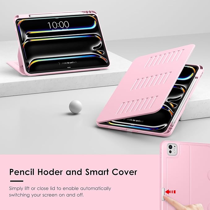 VIKESI Case for iPad Pro 11 inch (M5/M4) 2025/2024,Multiple Angles Magnetic Stand Cover,Shockproof Back,Pencil Holder,and Auto Sleep/Wake,Pink