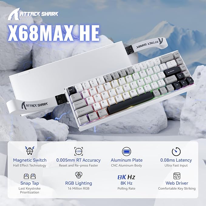 ATTACK SHARK X68 MAX HE Wired Rapid Trigger Mechanical Creamy TKL RGB Gaming Keyboard with Full Aluminum CNC,8K Polling,0.005mm Accuracy,Hall Effect Magnetic Switch,NKRO,Driver for Win Mac(Star White)