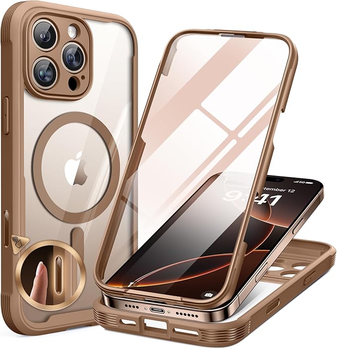 Miracase Magnetic for iPhone 16 Pro Case Full-Body Phone with Built-in Glass Screen Protector, [Compatible with MagSafe] Military Drop Proof 16 Pro Cover Bumper 6.3 inch, Gold Brown