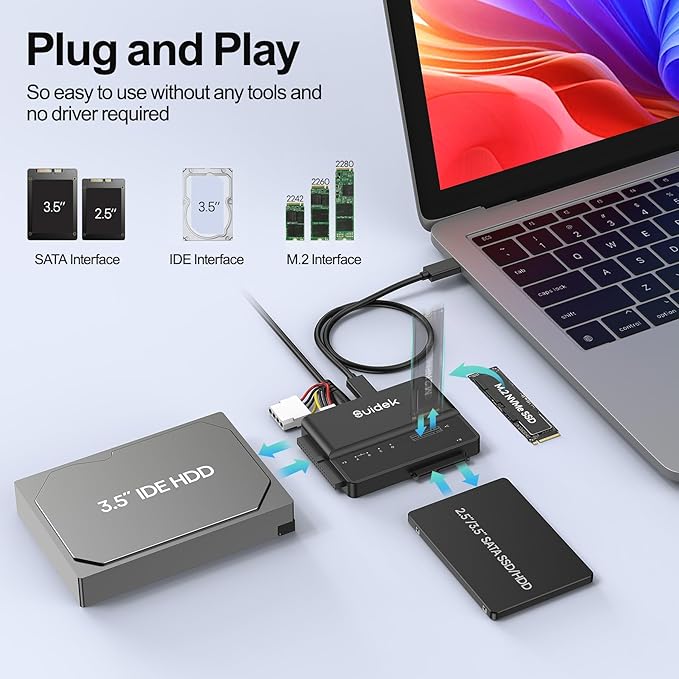 SUIDEK M.2 NVMe Adapter, USB 10 Gbps Hard Drive Reader Tool Free PCIe NVMe, SATA and IDE Adapter, M2 SSD Enclosure Supports (M Key&M+B Key) Any Sizes M.2 SSD, 2.5/3.5" SATA SSD HDD and 3.5" IDE HDD
