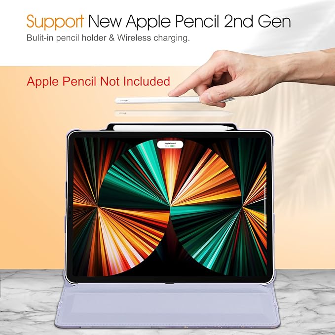 Fintie Rotating Case for iPad Pro 12.9-inch 6th Generation 2022-360 Degree Swiveling Protective Cover with Pencil Holder, Auto Sleep/Wake, Also Fit iPad Pro 12.9" 5th/4th/3rd Gen, Lilac Marble