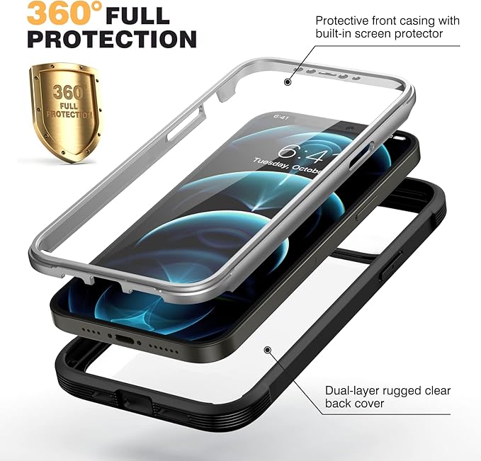 Diaclara Designed for iPhone 12 Pro Max Case, Full Body Rugged with Built-in Touch Sensitive Anti-Scratch Screen Protector, Soft TPU Bumper Case for iPhone 12 ProMax 6.7", Black