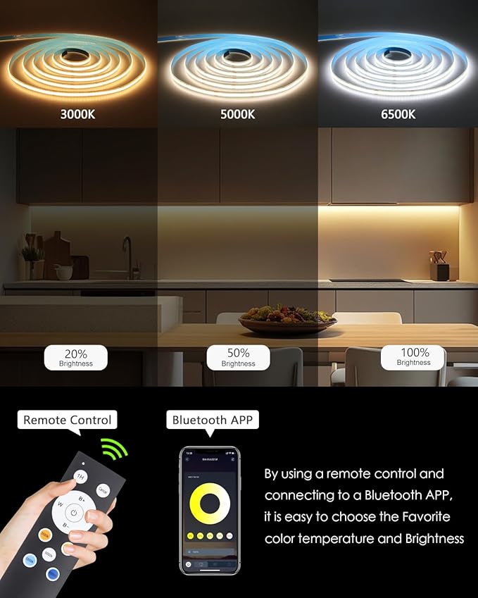 White CCT Tunable COB Led Strip Light with Remote 3000-6500K Dimmable Bluetooth APP Control 24V COB LED Rope Lights 16.4ft/5M 480LED/M Timer Self-Adhesive Light Strip for Bedroom Kitchen DIY Lighting