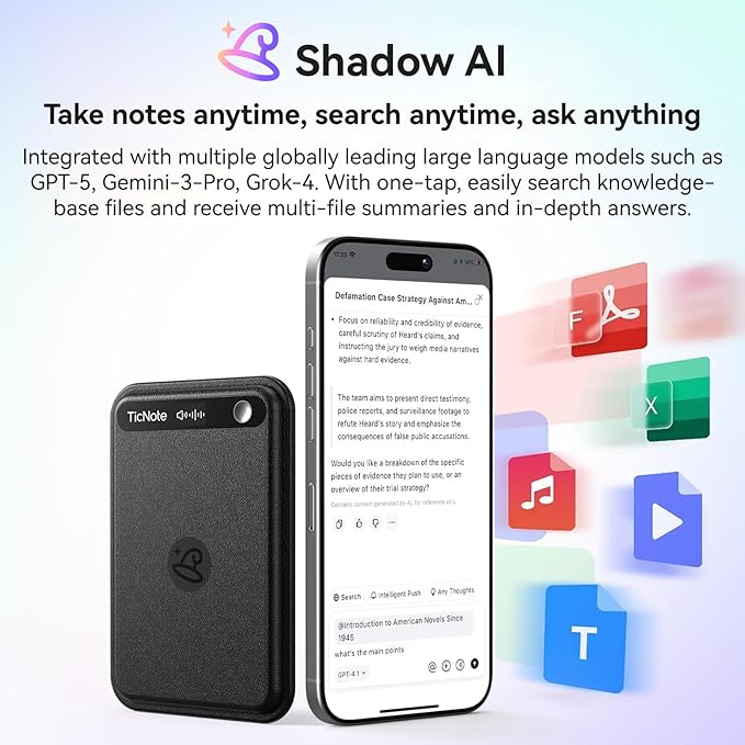 Mobvoi TicNote Lite AI Voice Recorder, AI Note Taker with Instant Transcription & Summarization, APP Control, 120+ Languages, Shadow AI Agent for Lectures, Meetings & Calls,Blue