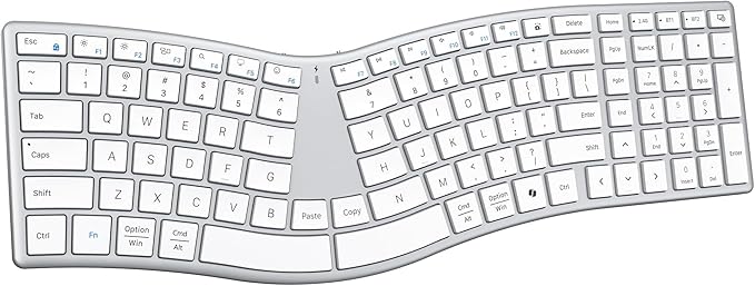 MEETION Wireless Ergonomic Keyboard, S-Curve Design Split Keyboard, 2.4G USB-A & Dual Bluetooth Keyboards, Slim Low-Profile Keys, Type-C Rechargeable, Full-Size Layout for Windows/Mac/PC/Laptop, White