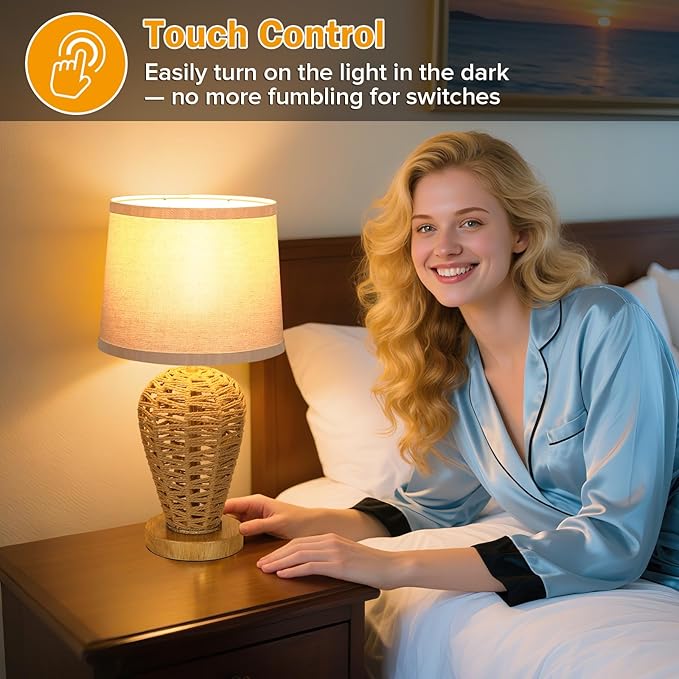 Boho Table Lamp,Touch Control & 3 Way Dimmable,100% Hand Woven Rattan Coastal Farmhouse Bedside Nightstand Lamp for Bedroom, Living Room, Office (2700K Bulb Included)