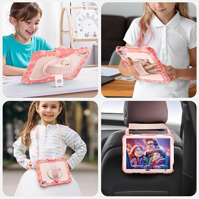 SEYMAC Case for iPad (A16) 11th/10th Generation 2025/2022 (11″/10.9″), Heavy Duty Full-Body Shockproof Protective Case with Screen Protector, Rotating Stand, Hand/Shoulder Strap, Multicolor/Pink