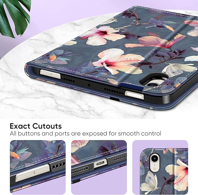 Fintie Folio Case for iPad Mini 7 (A17 Pro, 7th Generation) 2024 / iPad Mini 6 (6th Gen) 8.3 Inch, Multi-Angle Smart Stand Cover with Pencil Holder & Pocket, Auto Sleep/Wake, Hibiscus