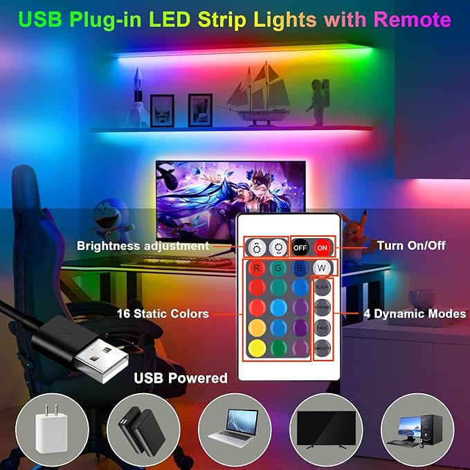 LED Strip Lights 6.56Ft, RGB LED Lights Strip for 40-60in TV Backlight, RGB Color Strips Light Waterproof IP65 with Remote, USB Bias LED Lights Kit for Bedroom PC Monitor Mirror Cabinet Desk