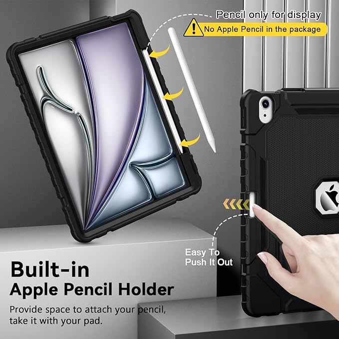 Grifobes Case for iPad Air 13-inch (M4/M3/M2) 2026/2025/2024, Heavy Duty Shockproof Rugged Protective Cover with Pencil Holder/Built-in Stand for i Pad Air 13" (Black)