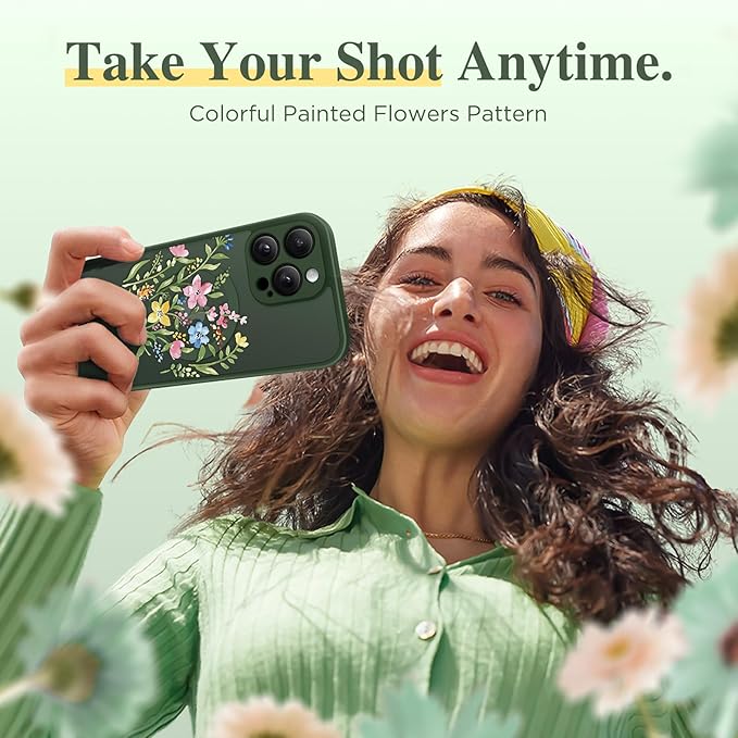 GVIEWIN for iPhone 16 Pro Case Compatible with MagSafe, [Military Grade Protection] [Screen Protector] Full Camera Protection Floral Translucent Women Magnetic Phone Case, Bloomcore/Forest Green