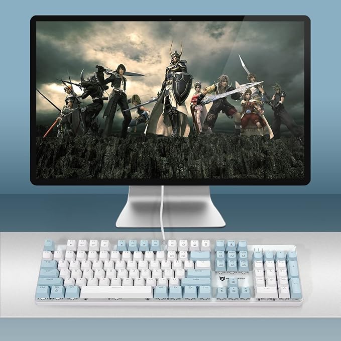 Merdia 104 Keys US Layout Wired Mechanical PC Gaming Keyboard | White LED Backlit Hot Swappable Brown Switch Full Size Mechanical Keyboard | Blue & White Keycaps Wired Gaming Computer Keyboards