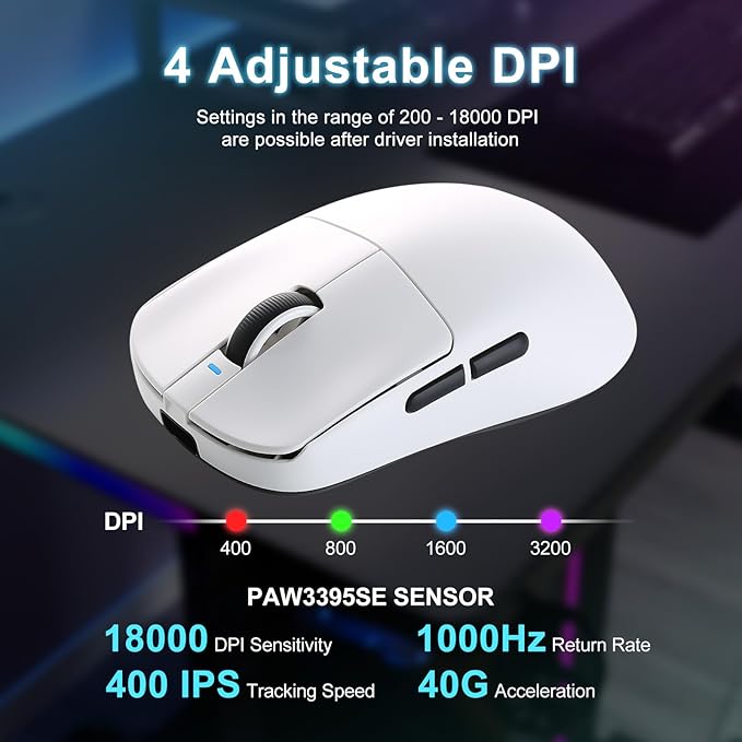 R1 SE+ Wireless Gaming Mouse, 18000 DPI, High-Precision PAW3395 SE Sensor,55g Lightweight,Tri-Mode 2.4G/BT5.0/USB-C Gaming Mouse, Programmable Ergonomic Mice Suitable for Laptops/PC/Mac (White)