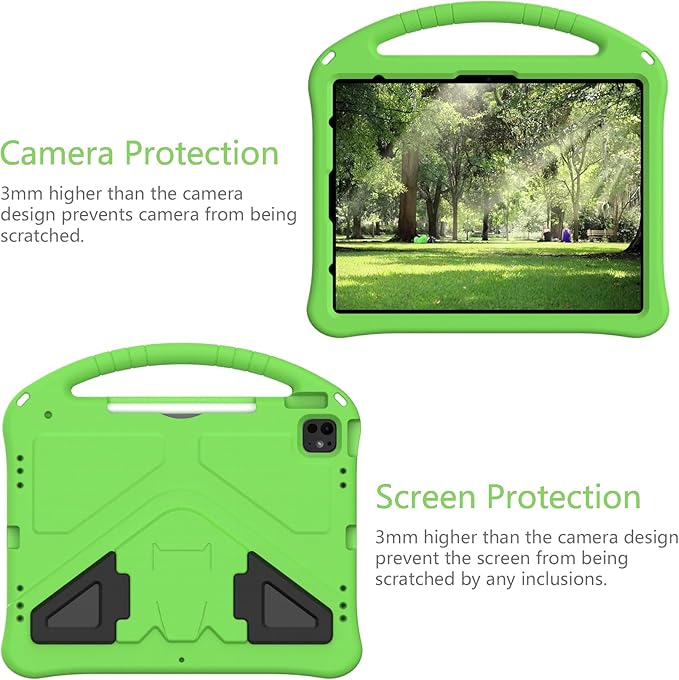 Kids Case for iPad Air 13 inch M4/M3/M2 (2026/2025/2024) with Pencil Holder/Shockproof Handle/Kickstand/Slim Lightweight Soft EVA Foam Folio Stand Tablet Protective Girls Boys Cover, Green