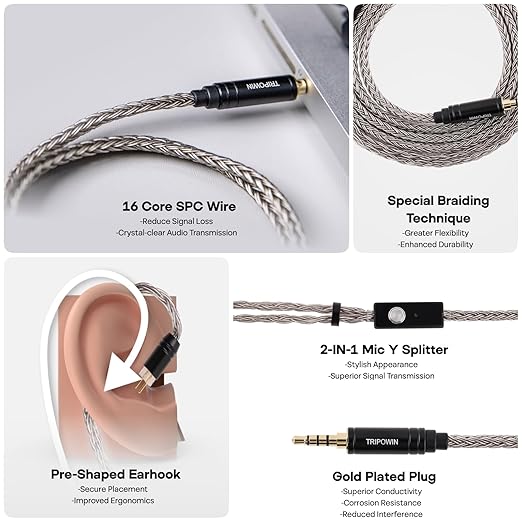 Linsoul Tripowin Zonie HiFi in-Ear Monitor Upgrade Cable, with Omni Mic, 16-Core Silver-Plated SPC Earphone Cable, Type-C/3.5mm Options, 1.25m SPC Tangle-Free Wire for Audiophiles(3.5MM,MMCX)