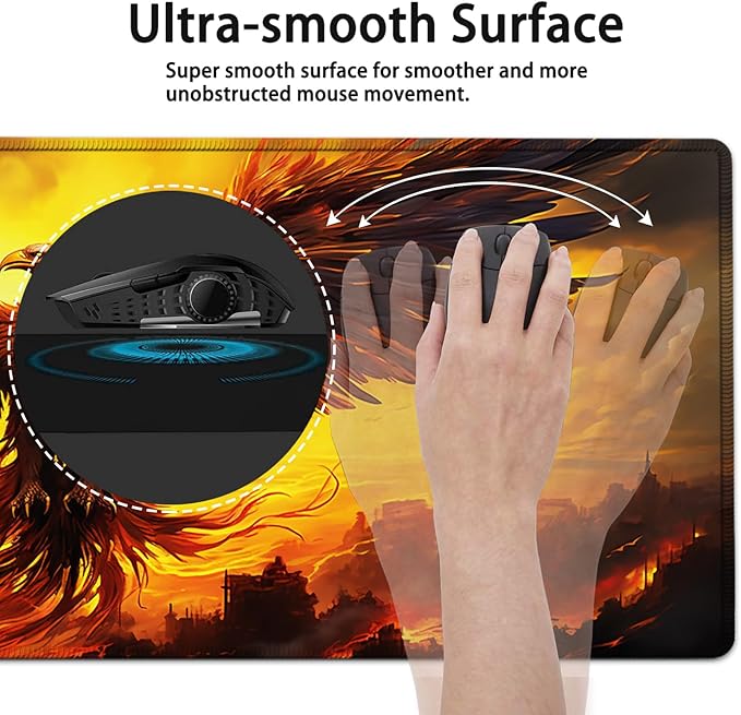 Large Mouse Pad, 31.5 x 11.8in Extended Gaming Mouse Pad with Stitched Edges, XXL Mousepad Protector Non Slip Rubber Base for Office and Home Writing Mat, Anime Phoenix Bird Pattern Desk Mat