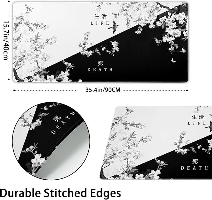 XXL Large Gaming Mouse Pad,Japanese Sakura Death Life Extended Desk Pad Non-Slip Rubber Base 35.4x15.7in with Stitched Edges Waterproof Full Desk Pads Computer Gaming Mousepads for Work/Game/Office
