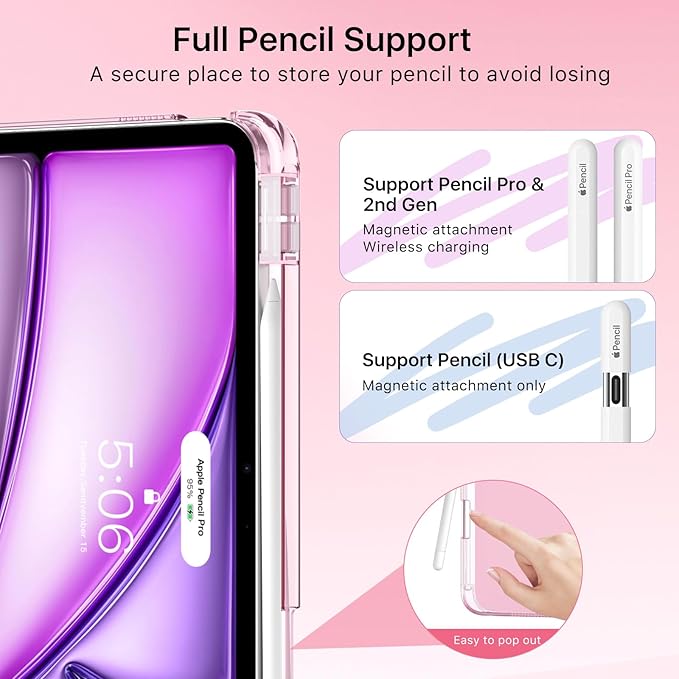 MoKo for iPad Air 11 inch Case (M4/M3/M2) 2026/2025/2024, iPad Air 5th/4th Gen 10.9 inch Case 2022/2020 with Pencil Holder, Slim Light Trifold Cover with Hard PC Translucent Back Shell, Pink