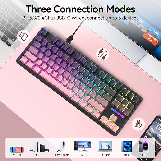AUSDOM H87 Wireless Mechanical Gaming Keyboard: 10000mAh Battery 2.4G/BT5.3/USB-C Hot Swappable Custom Keyboard with RGB Backlit, Side Printed PBT Keycaps, 15-Layer Gasket Structure, Black Pink