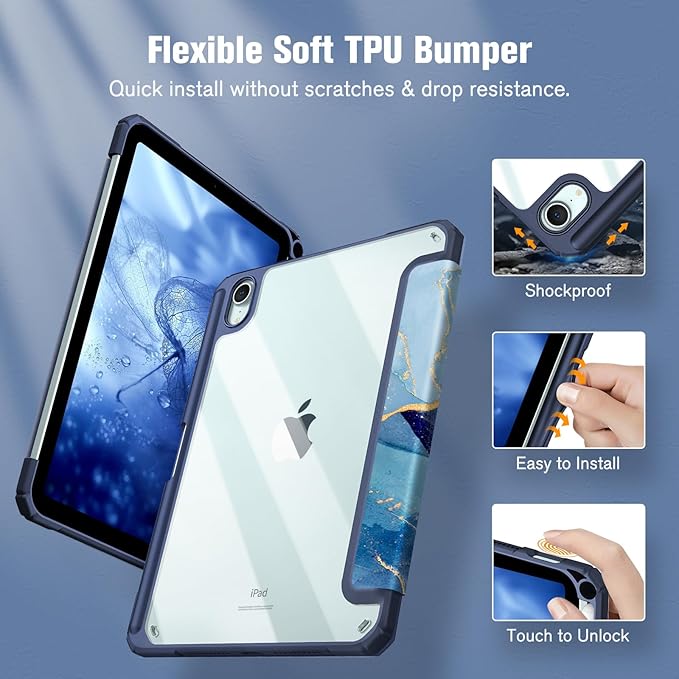 Fintie Hybrid Slim Case for iPad Mini 7 (A17 Pro, 7th Generation) 2024 / iPad Mini 6 (6th Gen) 8.3 Inch, [Built-in Pencil Holder] Shockproof Cover Clear Transparent Back Shell, Ocean Marble