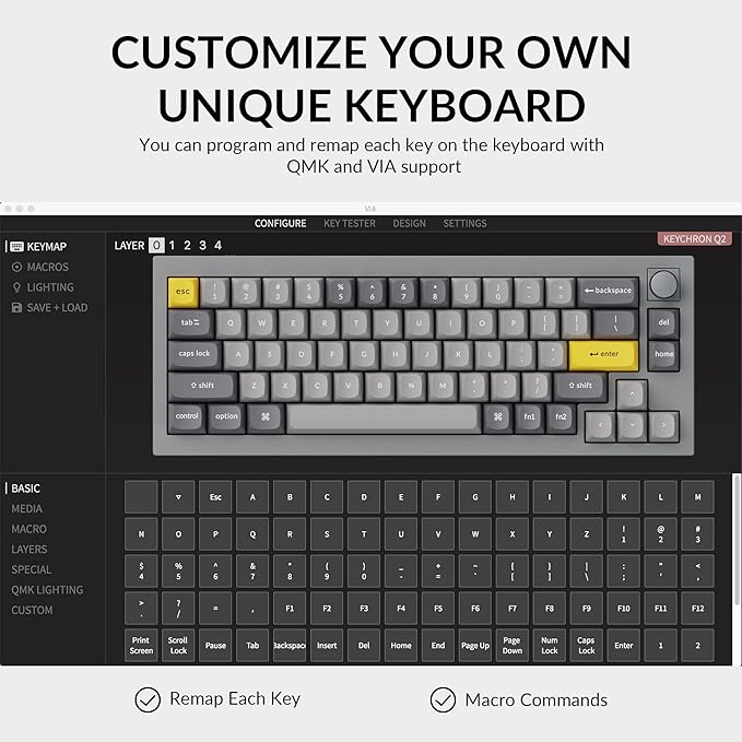 Keychron Q2 Wired Custom Mechanical Keyboard Knob Version, 65% Layout QMK/VIA Programmable Macro with Hot-swappable Gateron G Pro Red Switch Double Gasket Compatible with Mac Windows Linux (Grey)