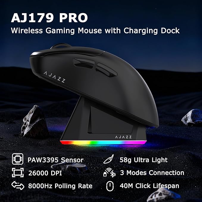 AJ179PRO PAW3395 26000 DPI Gaming Mouse, 8000Hz Polling Rate, 58g Ultra-Light, Tri-Mode (2.4G/Wired/Bluetooth 5.2), Magnetic RGB Charging Dock, Ergonomic Right-Hand Design, Black