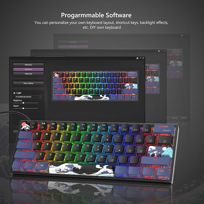 Womier 60% Percent Keyboard Gaming, WK61 V2 Creamy Mechanical Wired Keyboard Anime, Hot-Swappable RGB Key Board with PBT Keycaps for Windows PC Gamers - POM Linear Red Switch(Black Kanagawa)