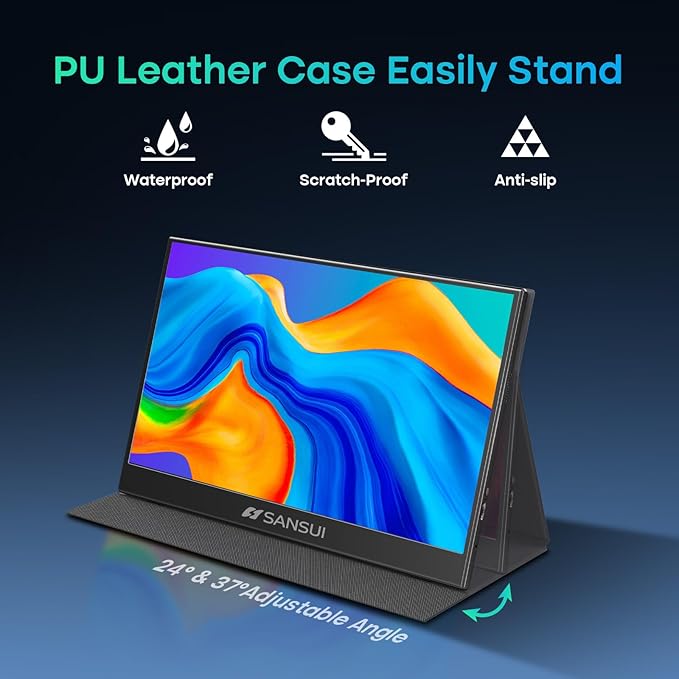 SANSUI Portable Monitor 15.6 Inch FHD 1080P Travel Monitor for Laptop, USB C HDMI Ultra-Thin IPS Computer Display with Speakers & PU Leather Stand Cover, for PC Mac mini Phone Switch Gaming
