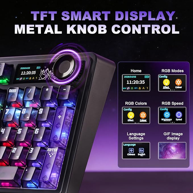AJAZZ AK980 V2 Pro Wireless Mechanical Keyboard, 10000mAh Battery & Dual 8000Hz Polling Rate,Tri-Mode Gaming Keyboard with Smart Display/Knob, Hot Swappable for Win/Mac (Purple,Lychee Switch)