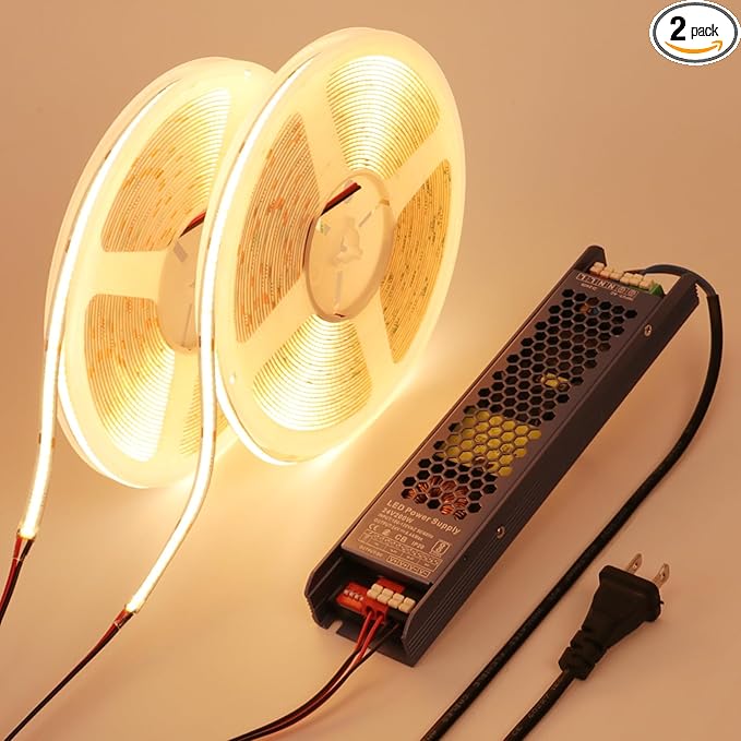 BENLUN 24V COB LED Strip Light 65.6ft (2 Rolls of 32.8ft) Kit, 3000K Warm White Cuttable 11W/M 312LEDs/M CRI 93 LED Tape Lights with Power Supply for Bedroom Kitchen Living Room Ceiling