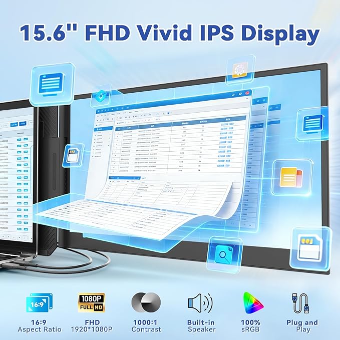 domyfan 15.6" Laptop Screen Extender, Triple Portable Monitor with Ultra-Thin FHD 1080P IPS Display for 13-17" Laptop, Plug & Play via HDMI/USB-A/Type-C, Compatible with Mac/Windows/Android