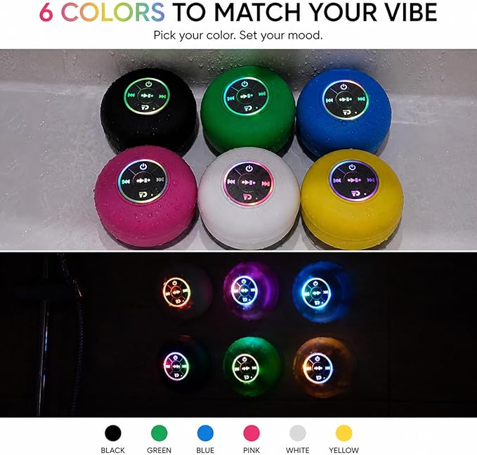 Bluetooth Shower Speaker with LED – Portable Wireless Mini Speaker with Mic & Suction Cup, IPX4 Water Resistant for Shower, Travel, Pool, River Floating, and Outdoor Fun (Green)