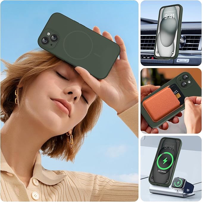 Miracase Magnetic for iPhone 15 Plus Case, [Soft Anti-Scratch Microfiber Lining], Magnetic for MagSafe, Liquid Silicone Shockproof Drop Protection Phone Case for 15 Plus, Dark Green